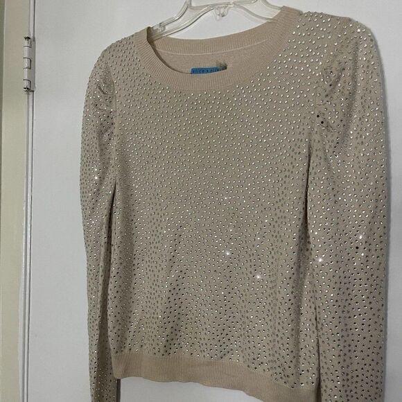 Alice + Olivia Cena tan rhinestone Crew Neck Pullover Sweater Size Small - Picture 10 of 11